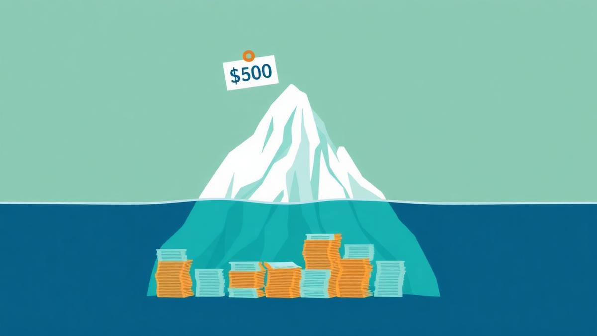 Iceberg with a small $500 price tag above water and hidden costs below